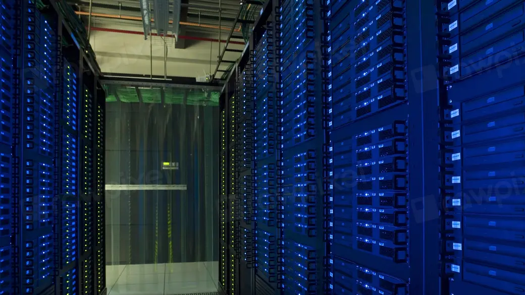 Rows of servers inside a data center bathed in blue light